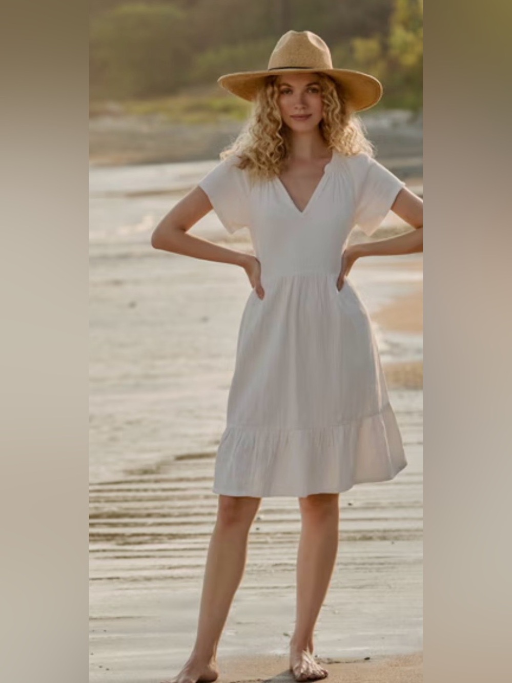Pact Coastal Double Gauze Breezy White Cotton Tie-Waist Tiered Dress M